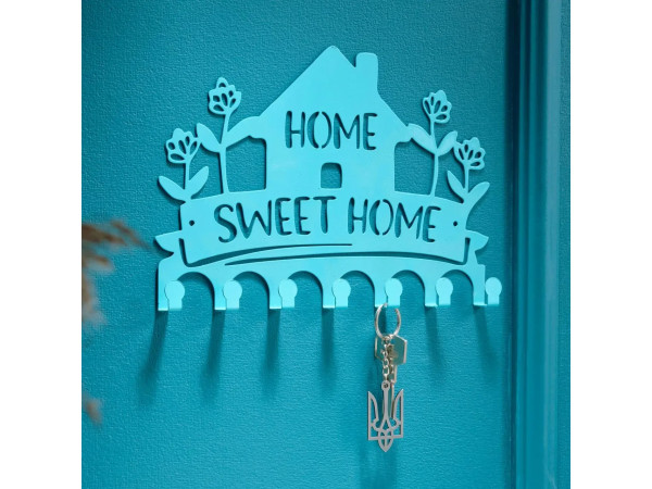 Ключниця настінна металічна 27х18.5см. Колір "бірюзовий" Home. Sweet Home 7 гачків